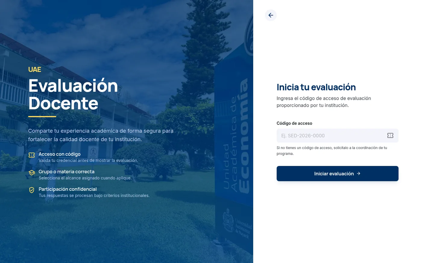 Respondent screen: enter an institutional access code to start an anonymous evaluation.