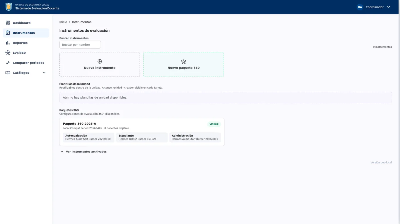 Instrument management screen with a 360 evaluation package and create-instrument actions.