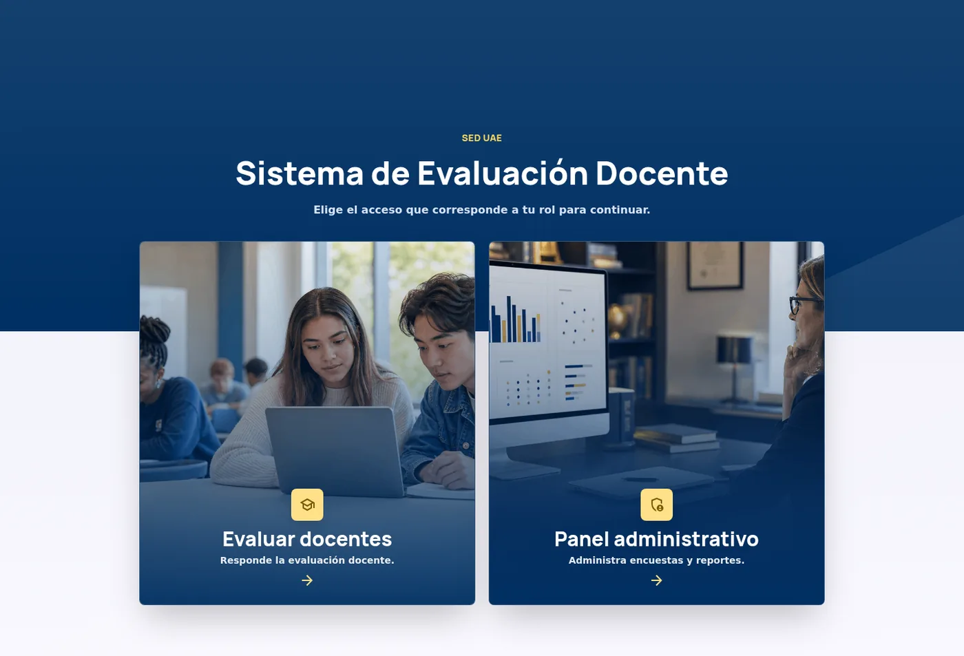 Live SED landing page: evaluate teachers, or open the admin panel.
